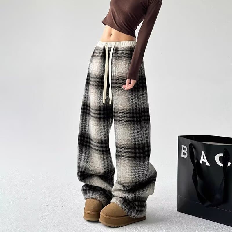 柄 パンツ ゆったりモコモコチェック柄パンツ