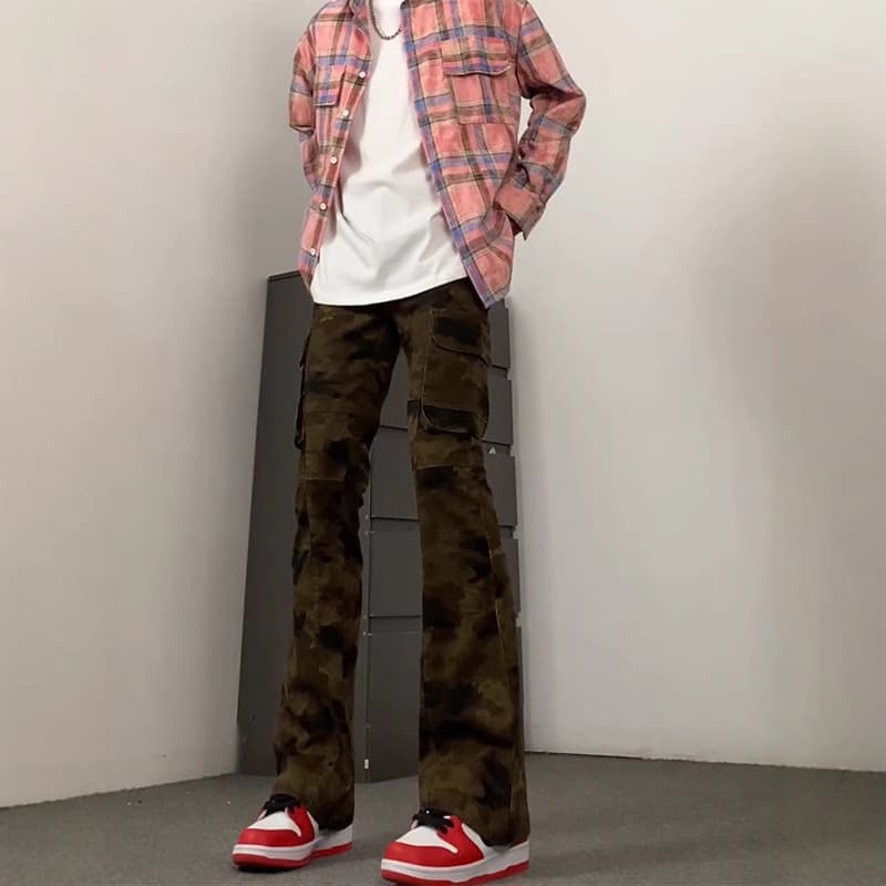 柄 パンツ 細身カーゴ ブーツカット 迷彩パンツ