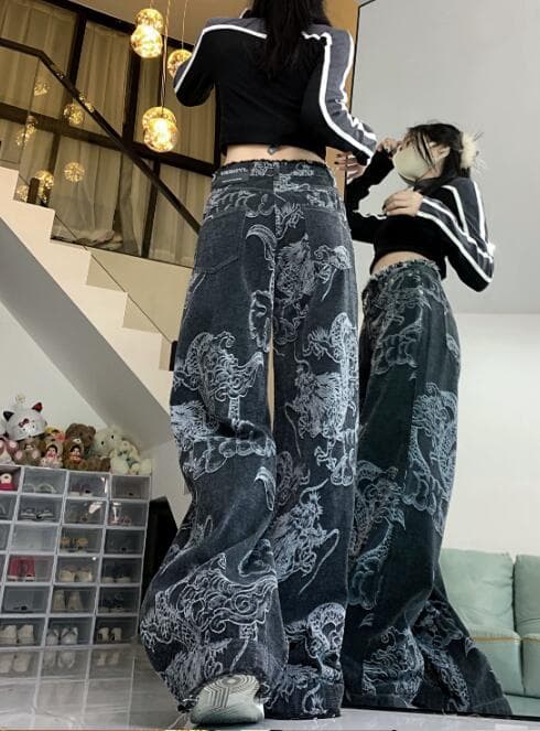 柄 パンツ 龍柄ワイドデニムパンツ レディース ユニセックス