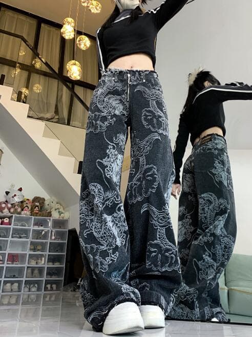 柄 パンツ 龍柄ワイドデニムパンツ レディース ユニセックス