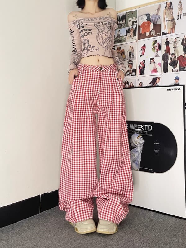 柄 パンツ 赤白チェック柄ワイドパンツ レディース格子柄ボトムス