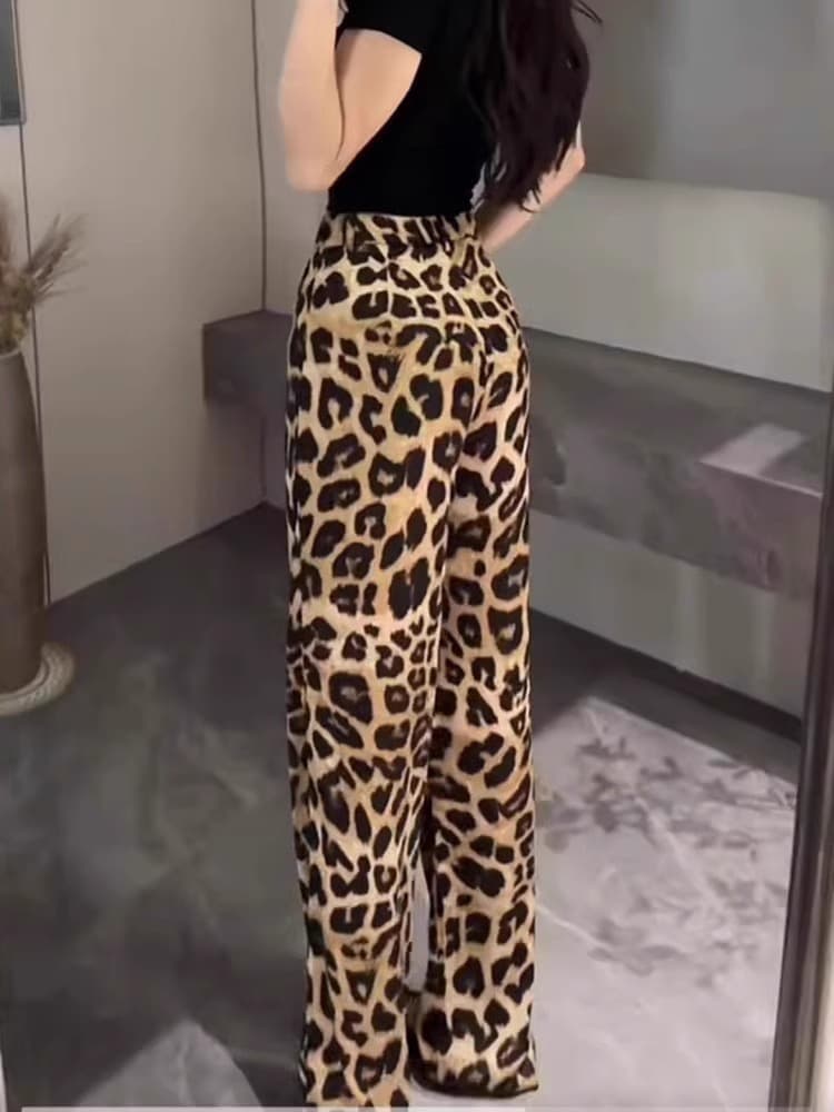 柄 パンツ ゆったり豹柄 ロングワイドパンツ