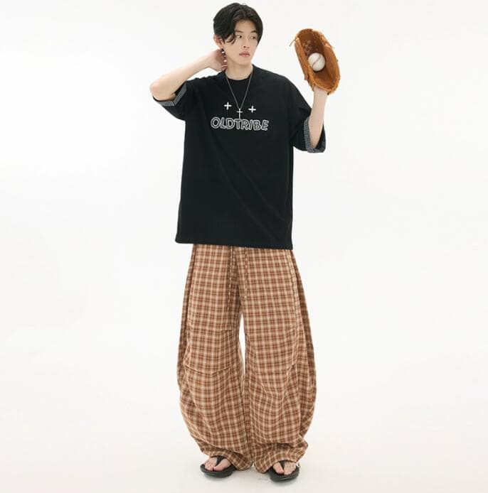 柄 パンツ チェック柄ワイドカーゴパンツ メンズボトムス