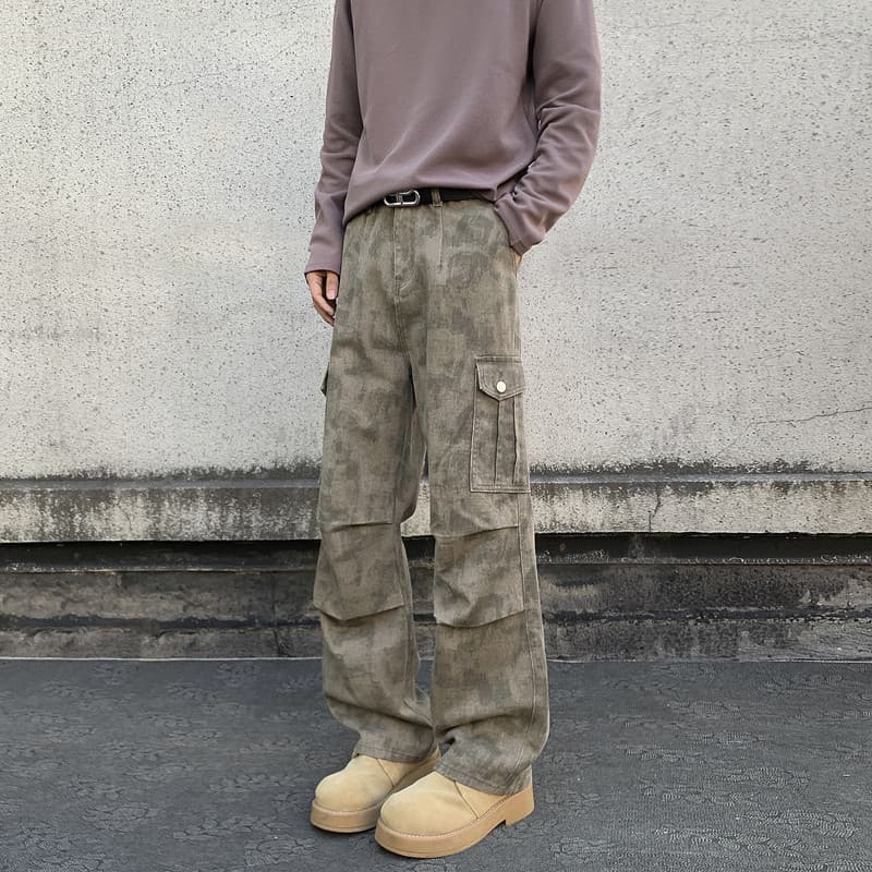 柄 パンツ ミリタリーテイスト ストレートパンツ