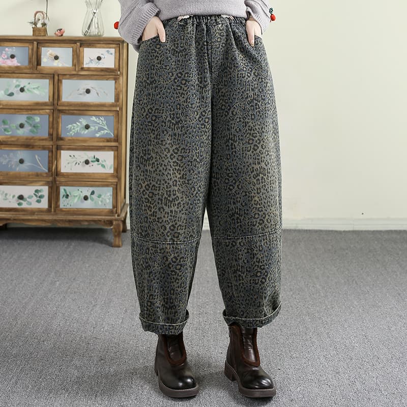 柄 パンツ ゆったり豹柄デニムワイドパンツ