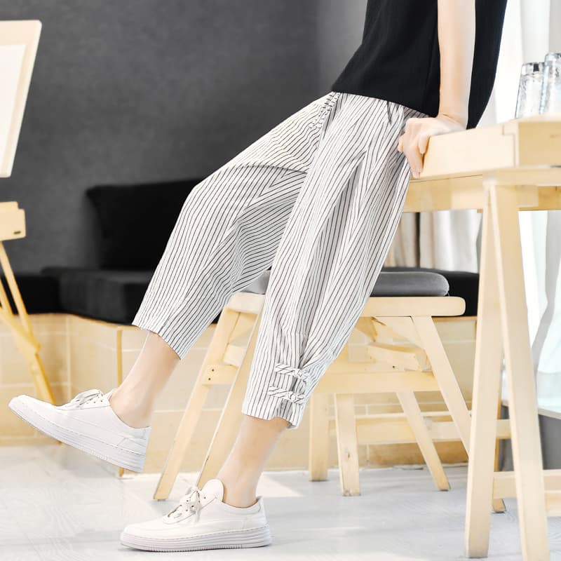 柄 パンツ 細線裾リボン七分丈バルーンパンツ