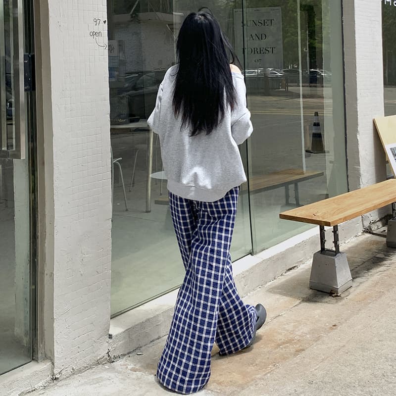 柄 パンツ ゆったりチェックパンツ