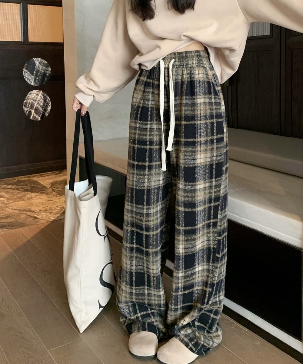 柄 パンツ チェック柄ワイドパンツ レディース ゆったり起毛