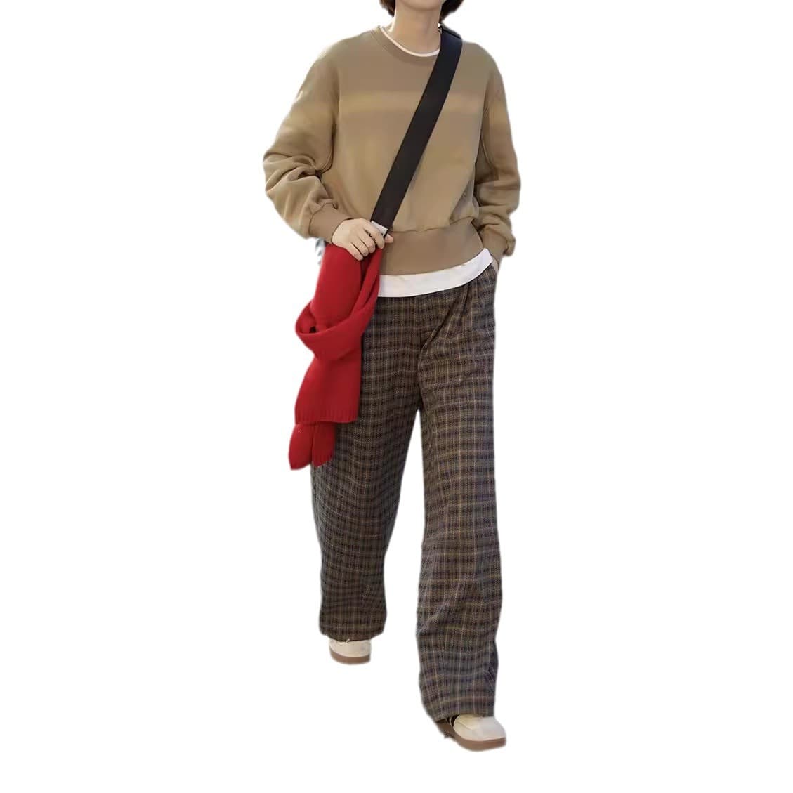 柄 パンツ レトロ格子柄 ワイドパンツ
