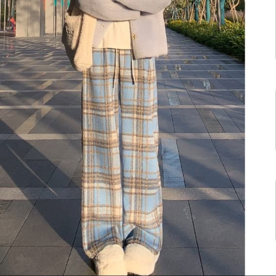 柄 パンツ モコモコ起毛チェック柄パンツ