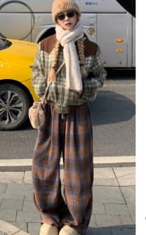 柄 パンツ きれいめ チェック柄 ワイド パンツ
