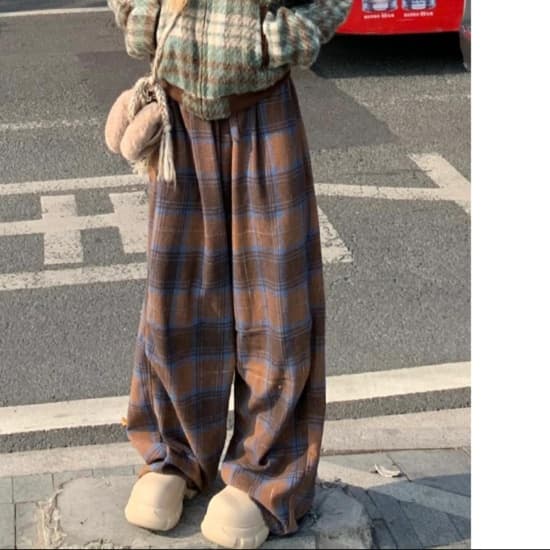 柄 パンツ きれいめ チェック柄 ワイド パンツ