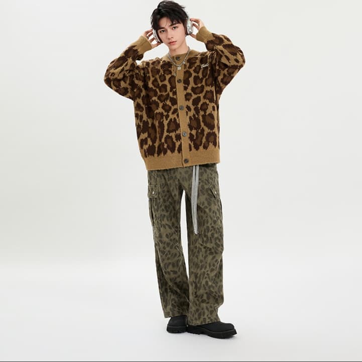 柄 パンツ 総柄 ワイド カーゴ パンツ レオパード