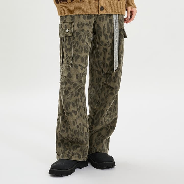 柄 パンツ 総柄 ワイド カーゴ パンツ レオパード