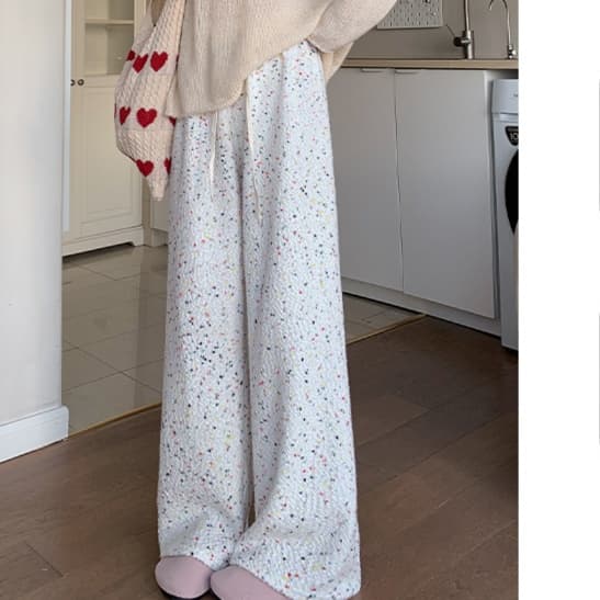 柄 パンツ ふんわり水玉ドットワイドパンツ