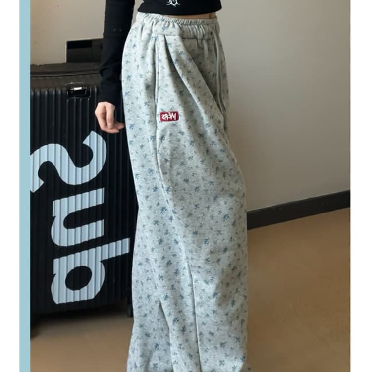 柄 パンツ 小花散りモチーフ リラックスパンツ