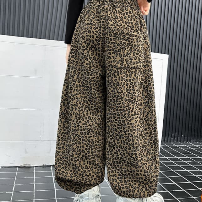 柄 パンツ 大胆豹柄ワイドバルーンパンツ