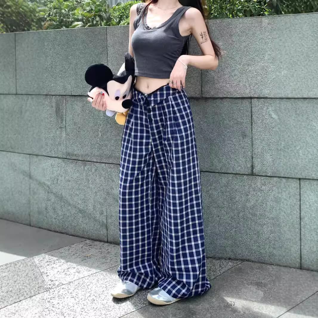 柄 パンツ ゆったりチェックワイドパンツ