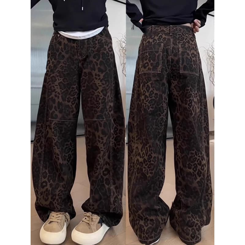 柄 パンツ レトロモダン ヒョウ柄デニムパンツ