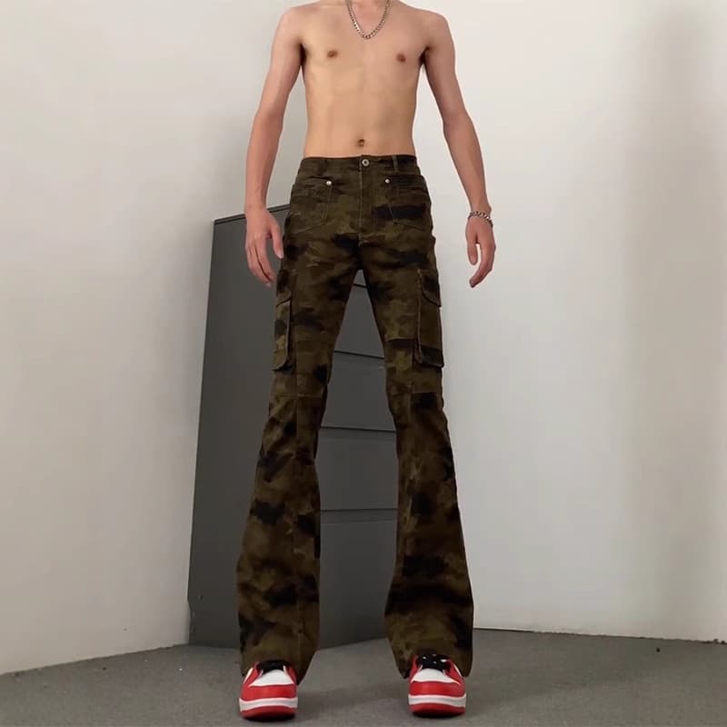 柄 パンツ 細身カーゴ ブーツカット 迷彩パンツ