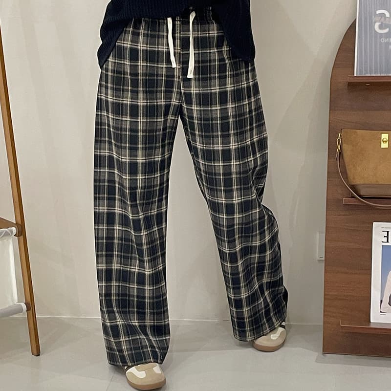 柄 パンツ シンプル ゆったり チェック柄パンツ