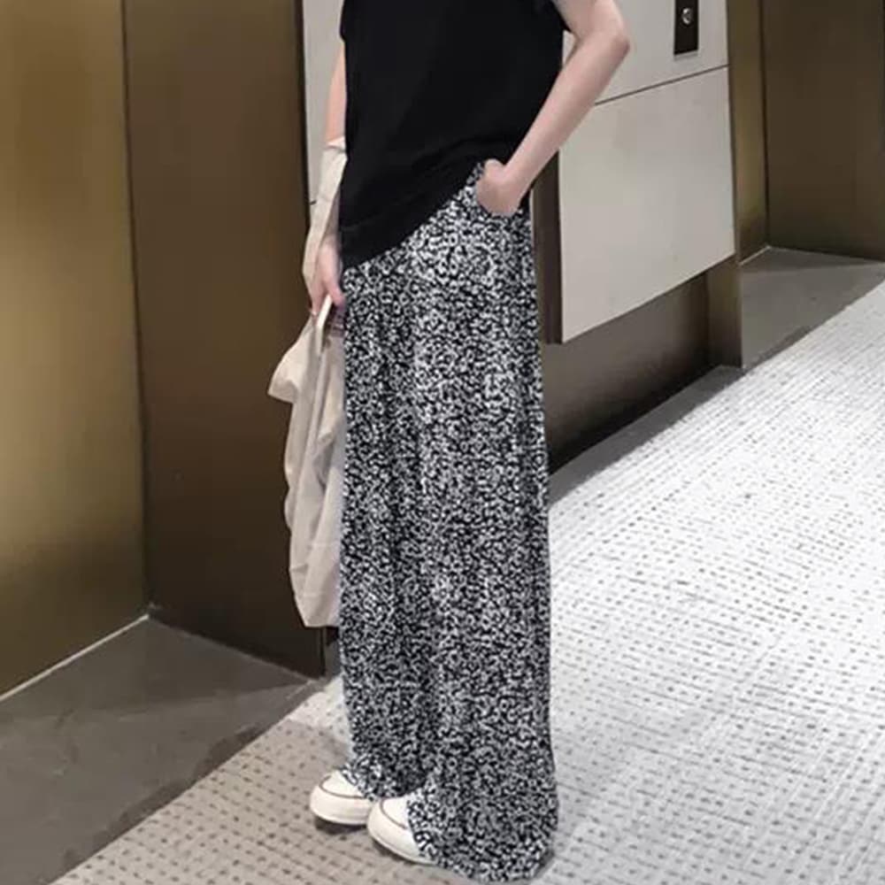 柄 パンツ レオパード柄プリーツワイドパンツ夏レディース