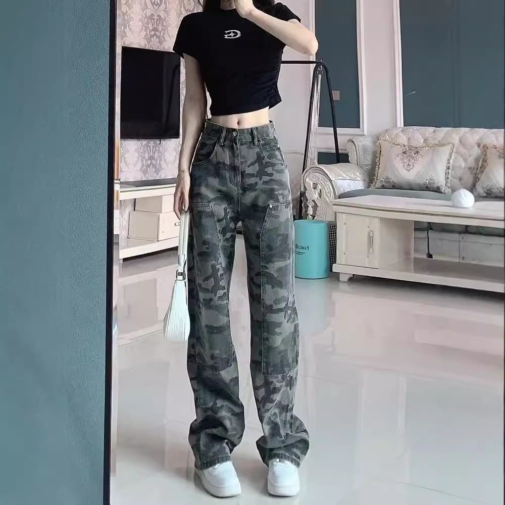 柄 パンツ レトロミリタリーデニム柄パンツ
