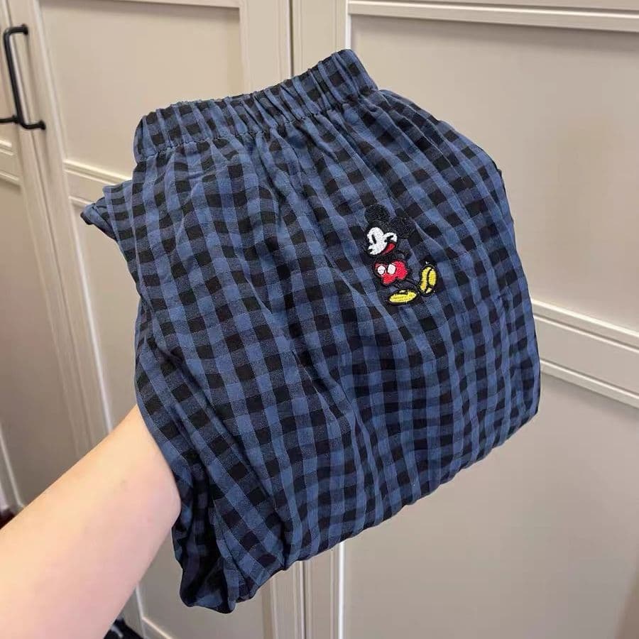 柄 パンツ ミッキー刺繍 ギンガムチェック パンツ