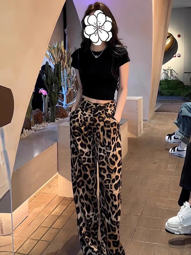 柄 パンツ ゆったり豹柄 ロングワイドパンツ