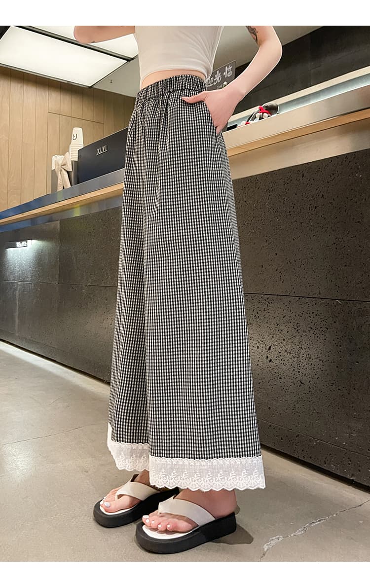 柄 パンツ レース裾ギンガムチェックワイドパンツ
