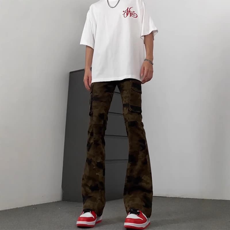 柄 パンツ 細身カーゴ ブーツカット 迷彩パンツ