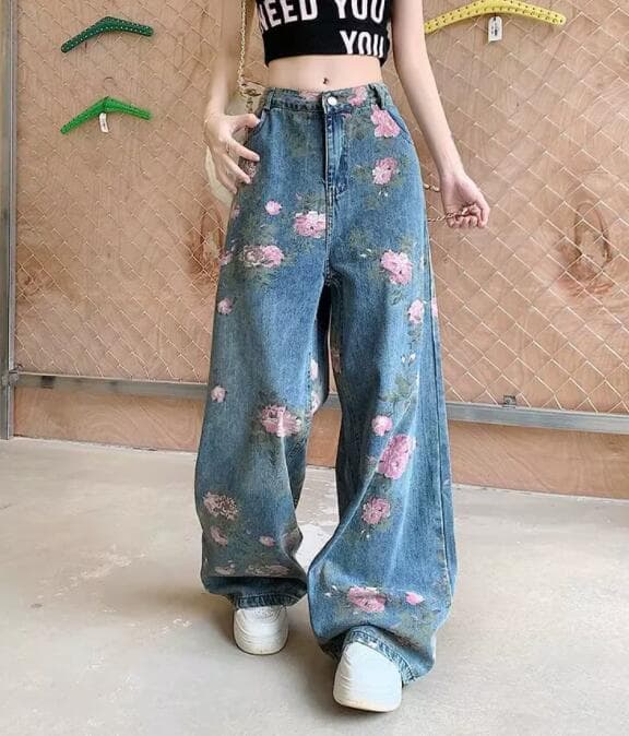 柄 パンツ 花柄プリントワイドデニムパンツ