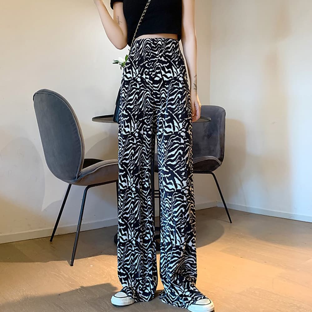 柄 パンツ レオパード柄プリーツワイドパンツ夏レディース