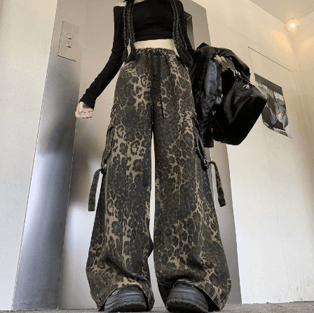柄 パンツ 秋冬新作ヒョウ柄ワイドパンツカジュアル