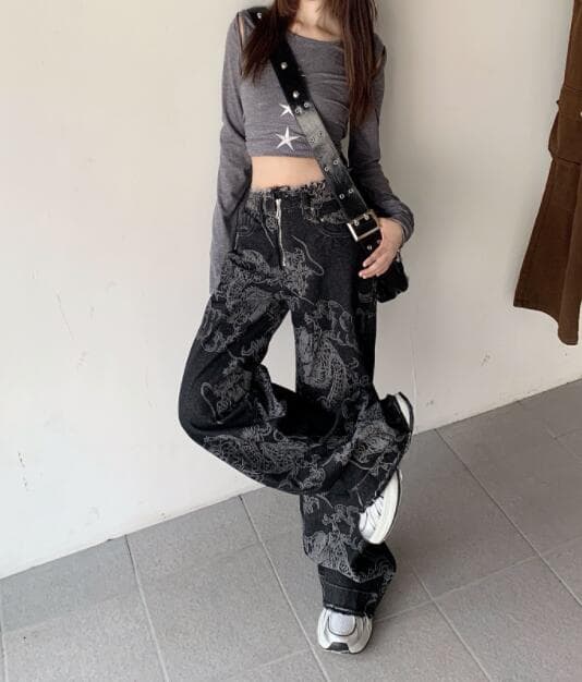 柄 パンツ 龍柄デニムハイウェストワイドパンツ