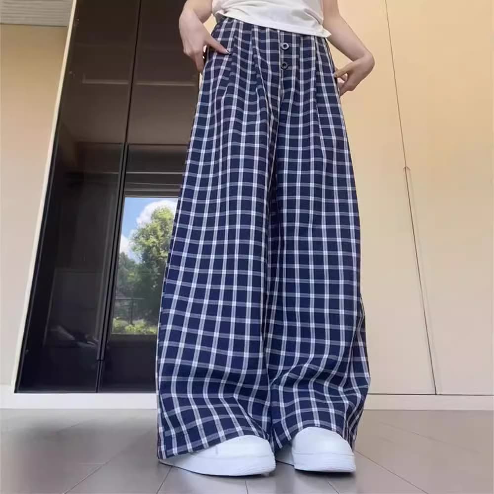 柄 パンツ ゆったりチェックワイドパンツ