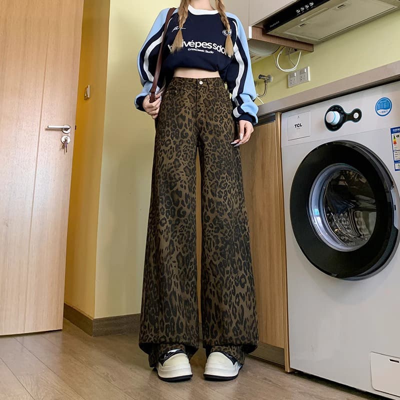 柄 パンツ ヒョウ柄ワイドデニムパンツ