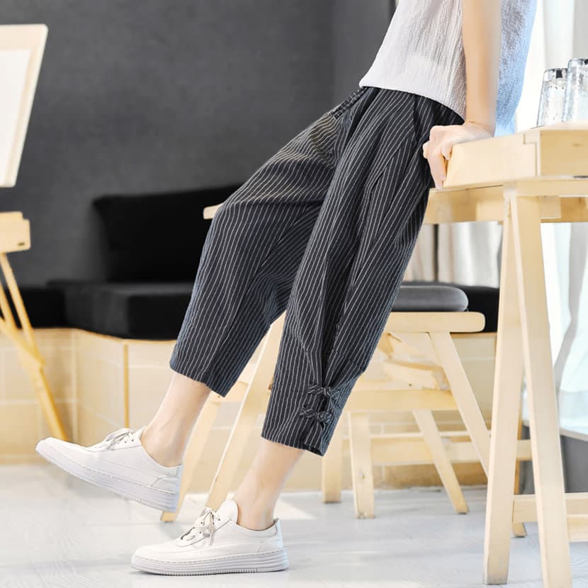 柄 パンツ 細線裾リボン七分丈バルーンパンツ