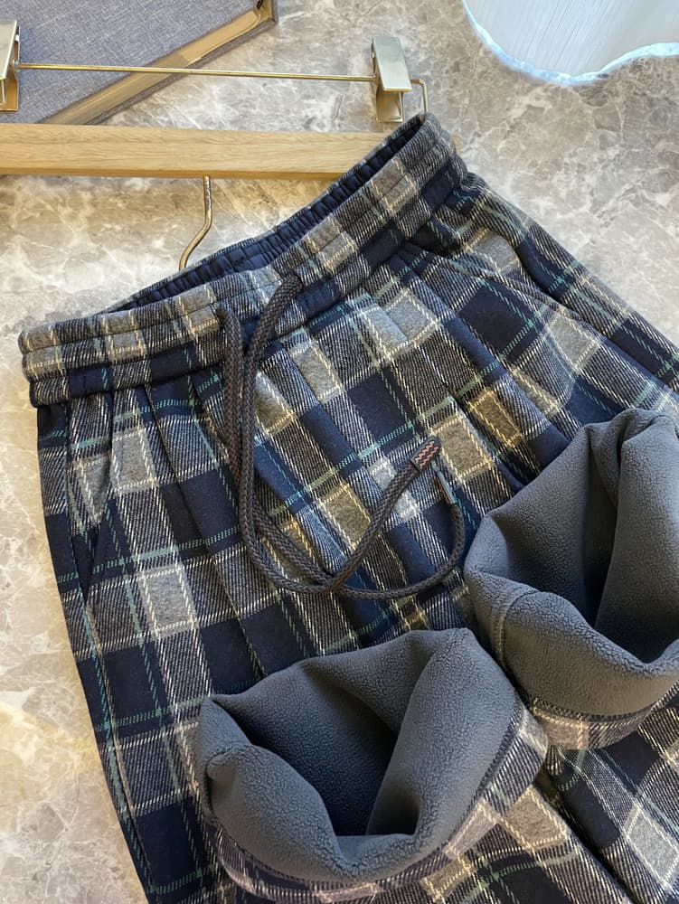 柄 パンツ もこもこ裏起毛チェックパンツ