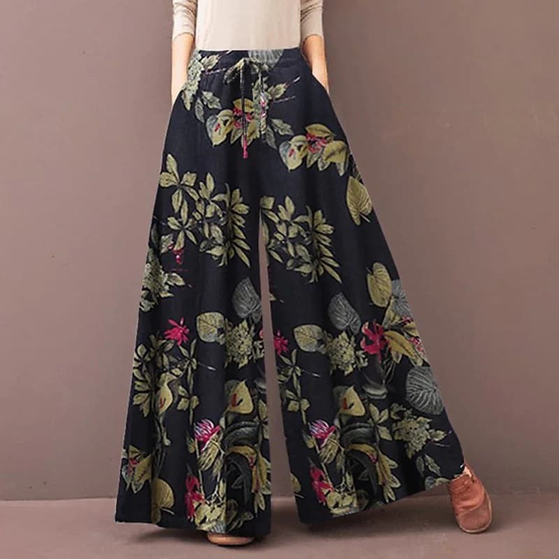柄 パンツ 優美な植物画プリントワイドパンツ