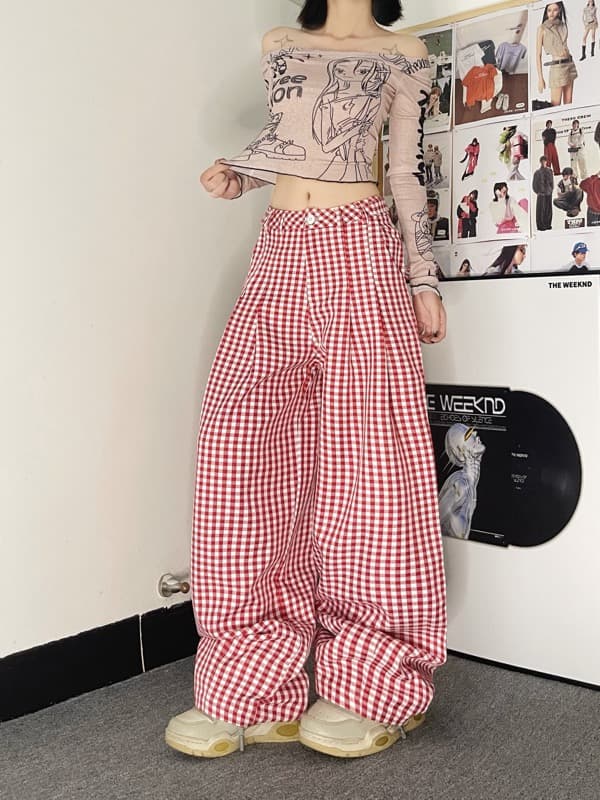 柄 パンツ 赤白チェック柄ワイドパンツ レディース格子柄ボトムス