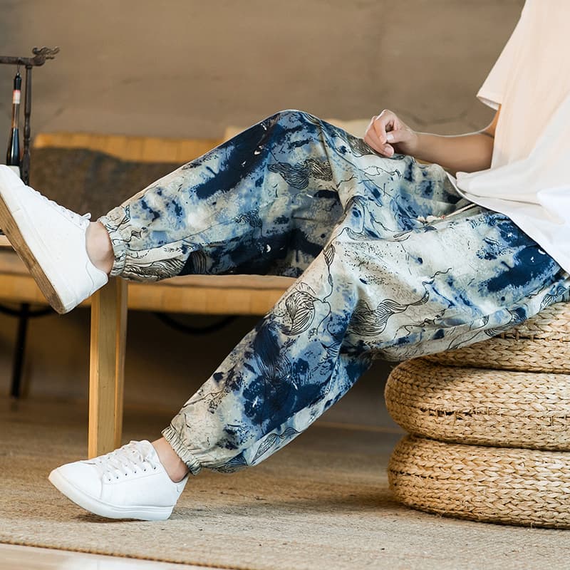 柄 パンツ 水墨画風総柄リラックスパンツ
