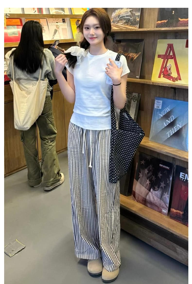 柄 パンツ 涼やか縦縞ワイドパンツ