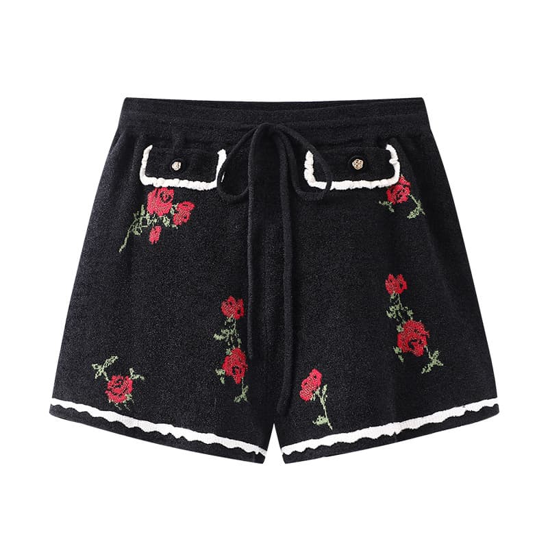 柄 パンツ ローズ刺繍 リボンパンツ