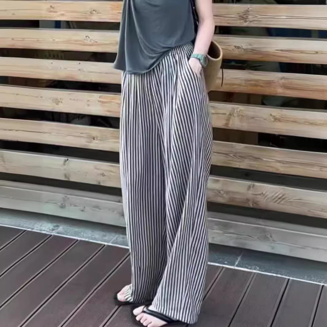 柄 パンツ 涼やかストライプワイドパンツ