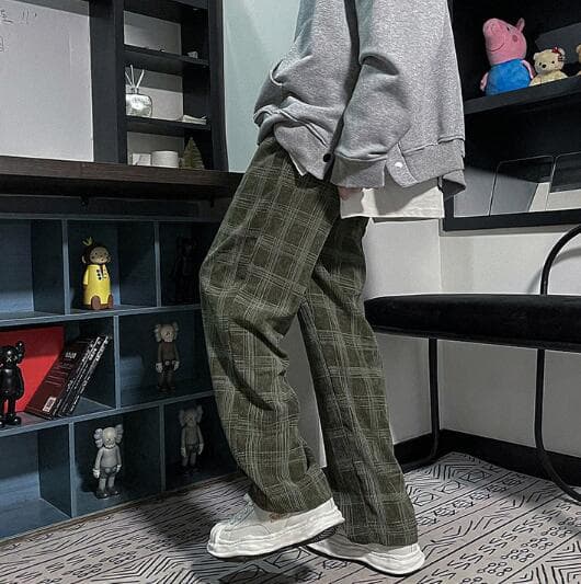 柄 パンツ 春夏メンズチェック柄パンツゆったりレトロボトムス