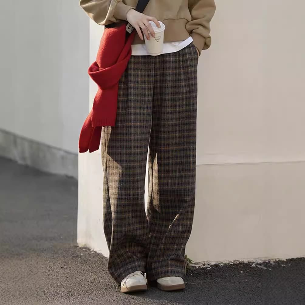 柄 パンツ レトロ格子柄 ワイドパンツ