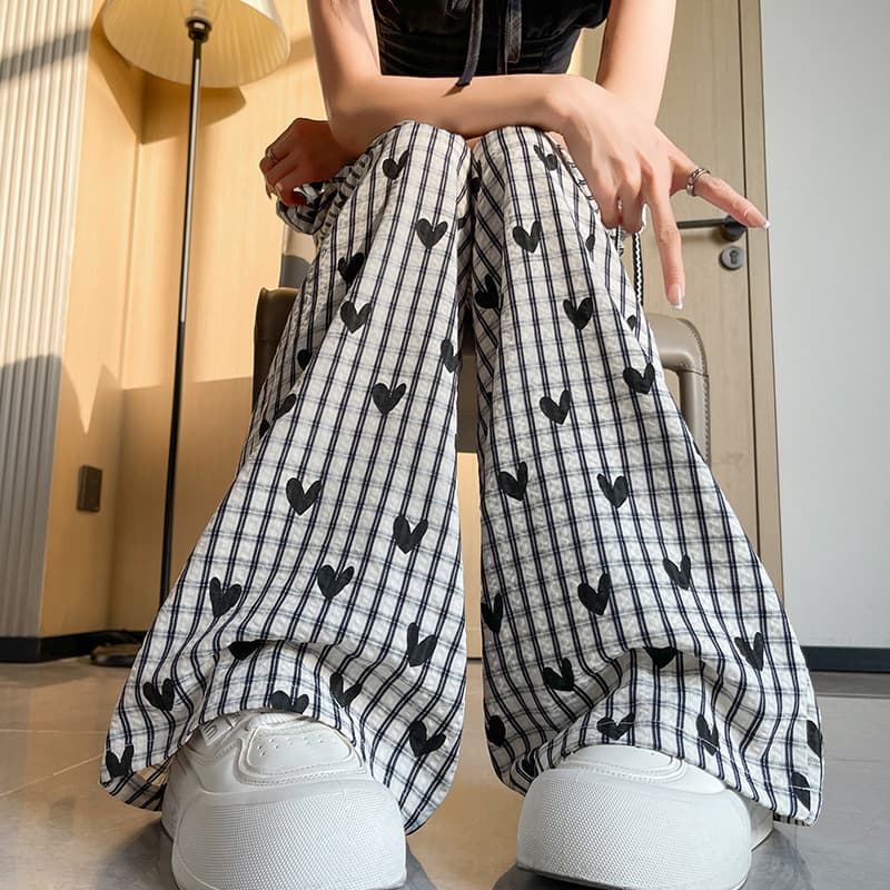 柄 パンツ ハートチェック ワイドパンツ