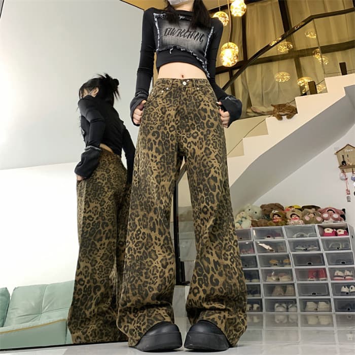 柄 パンツ ヒョウ柄デニムワイドパンツ