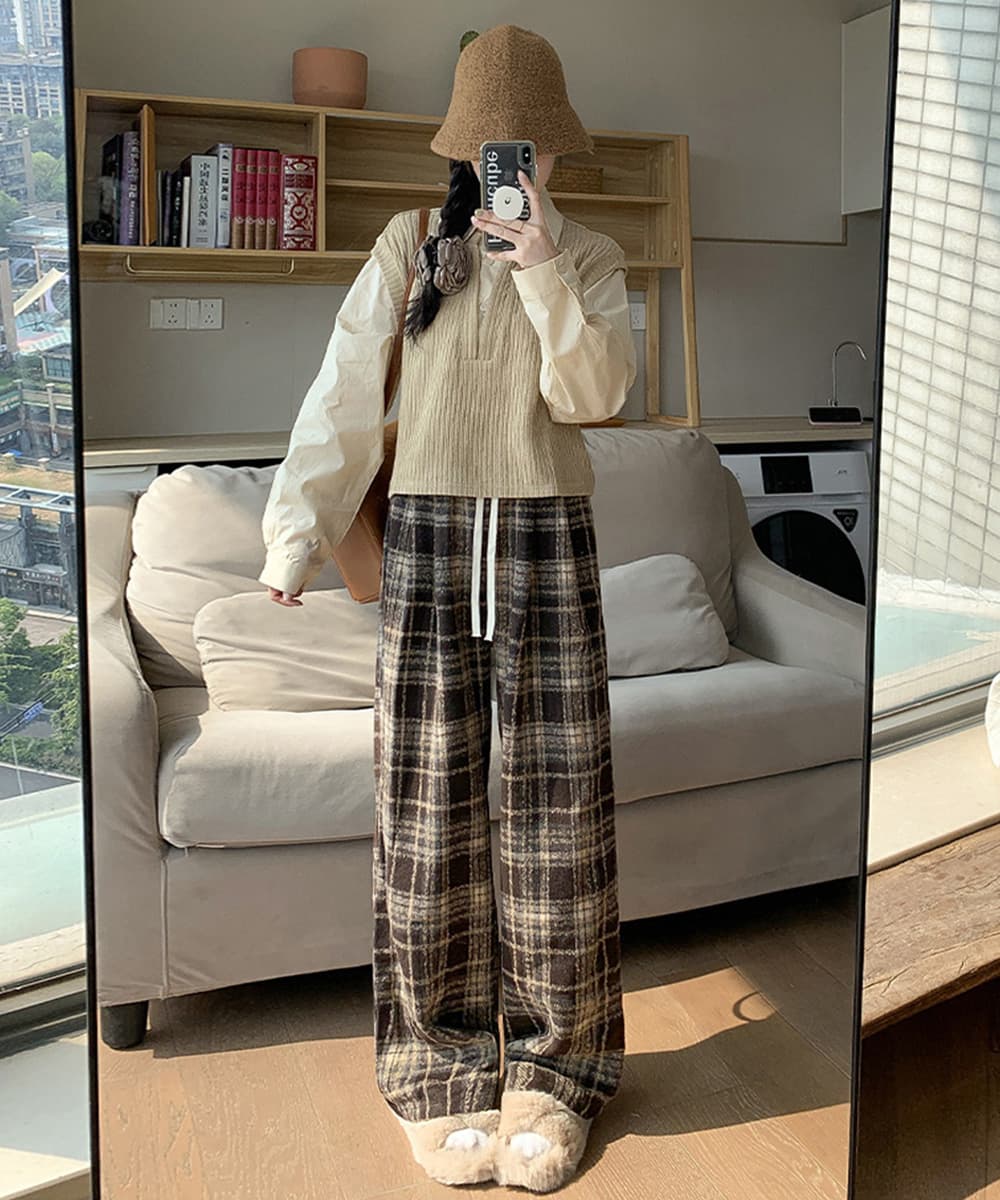 柄 パンツ チェック柄ワイドパンツ レディース ゆったり起毛